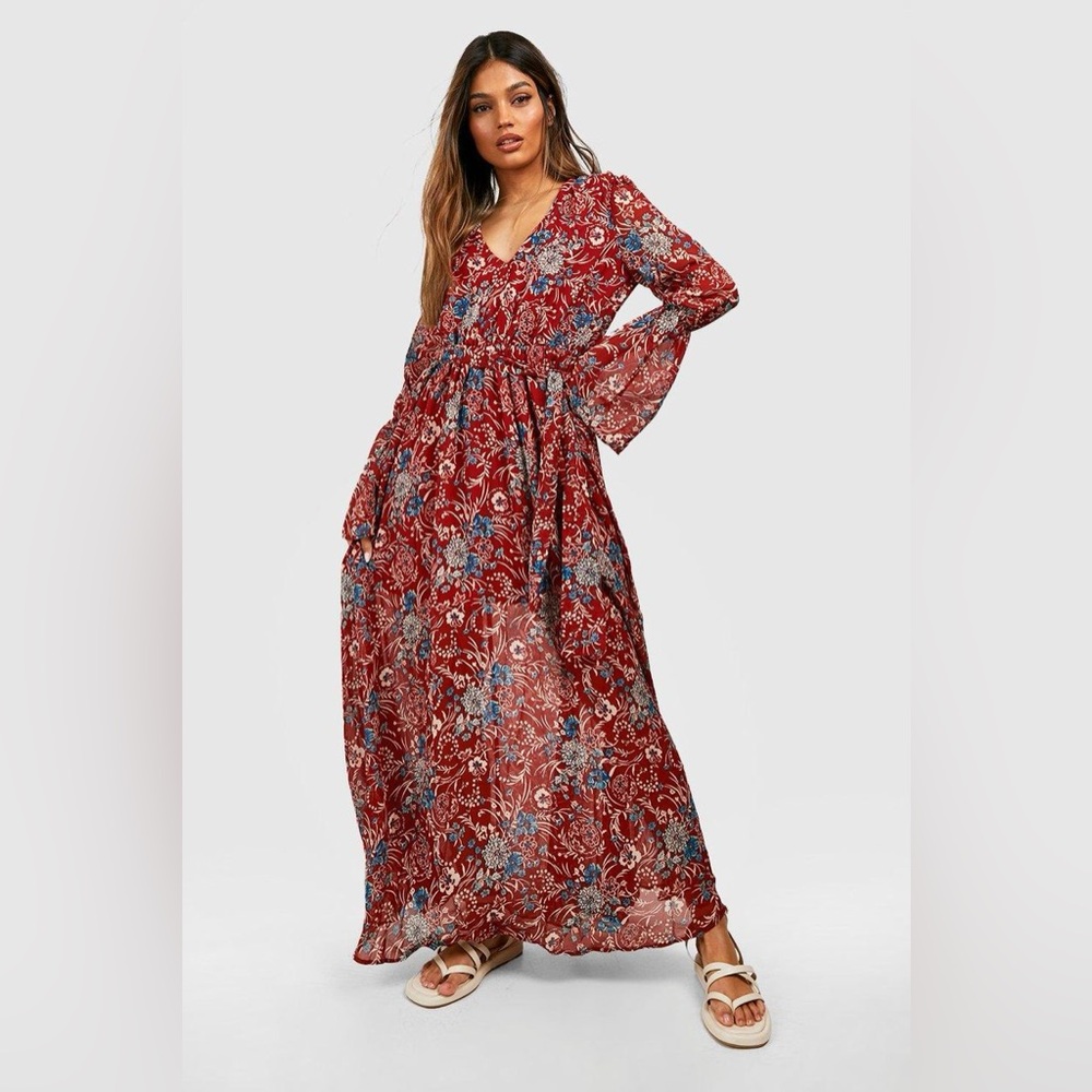 Boohoo Red Floral Long Sleeve Dress